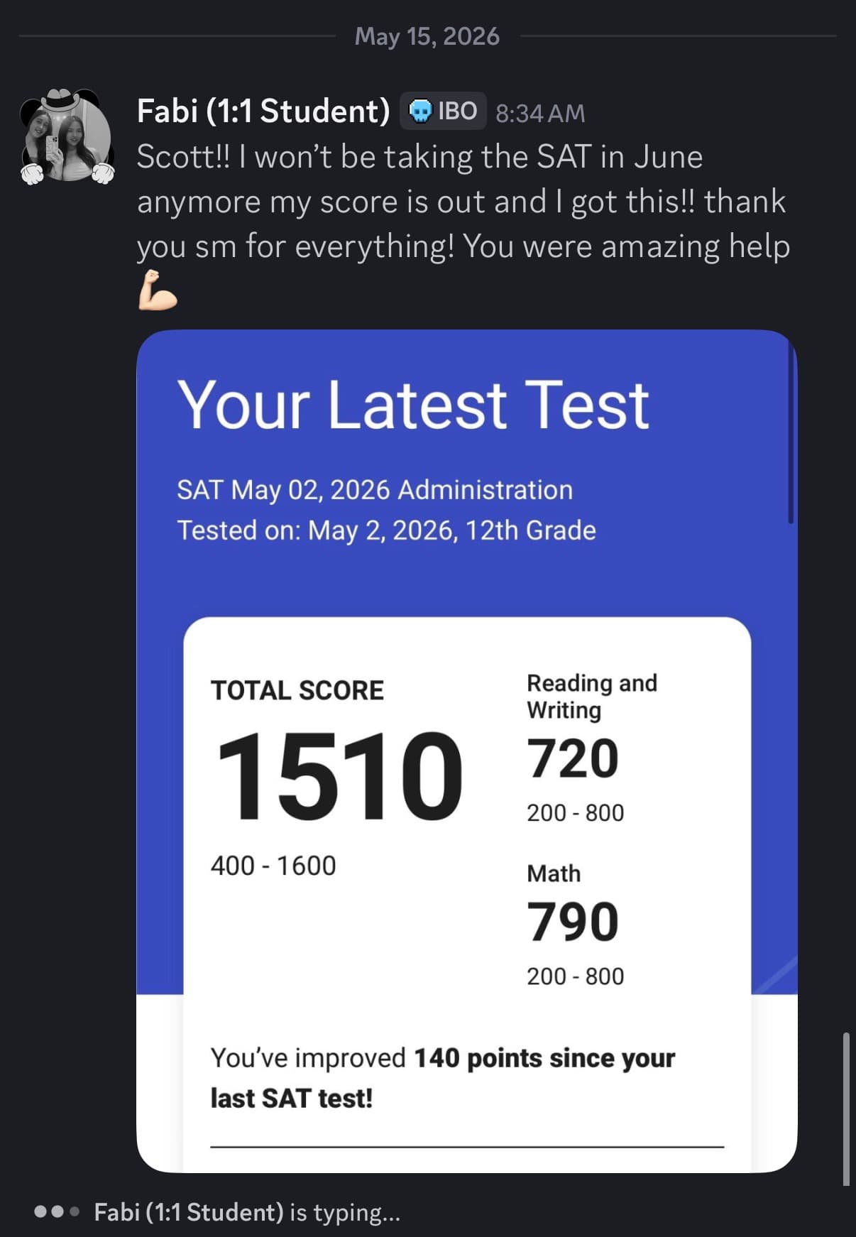 Score report and message from Fabiana: a 1510, up 140 points (720 reading and writing, 790 math)