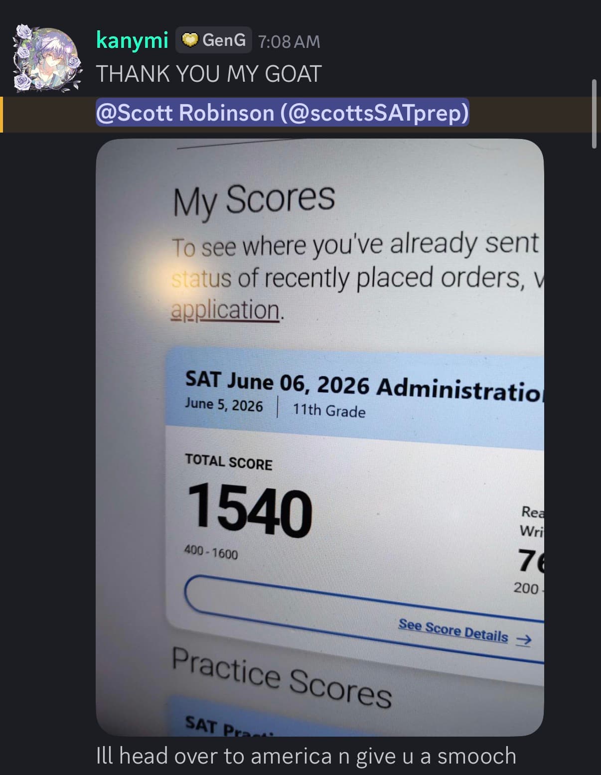 Score report and message from Kanymi: a total SAT score of 1540